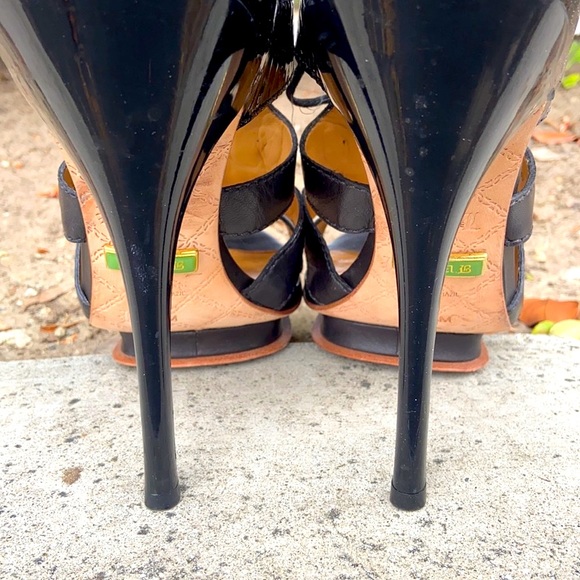 L.A.M.B. GWEN STEFANI JACO BLACK LEATHER STRAPPY PLATFORM HEELS 8.5 BRAZIL - Picture 11 of 17